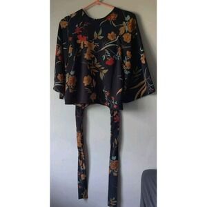 Code x Mode Black Tropical Floral Crop‎ Top with Tie Bell Sleeve Size Small